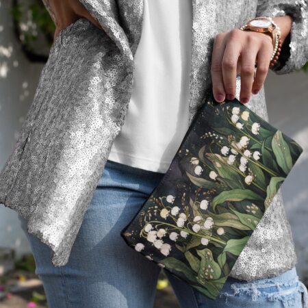Lily of the Valley Flowers Accessory Pouch Gift for Her May Birth Month Flower Makeup Bag Birthday Gift Whimsical Dark Botanical Floral Gift