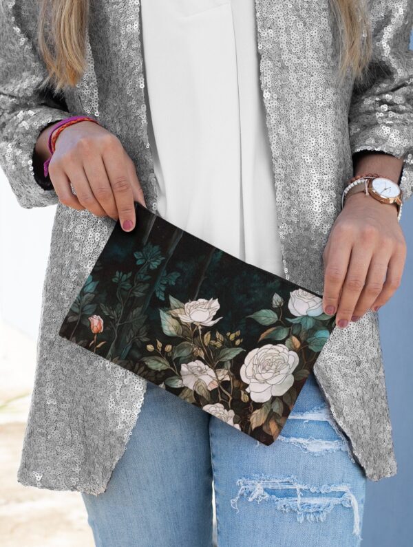 Wild Rose Botanical Accessory Pouch Gift June Birth Month Flower White Rose Watercolor Dark Floral Art Whimsical Wildflowers Cosmetic Bag
