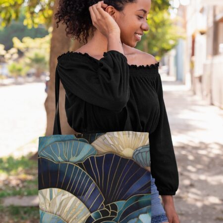 Art Deco Seashells Tote Bag Gift for Her Blue Sea Shells Summer Tote Gift Beach Ocean Lovers Gift Travel Tote Beach Bag Shopping Tote Gift