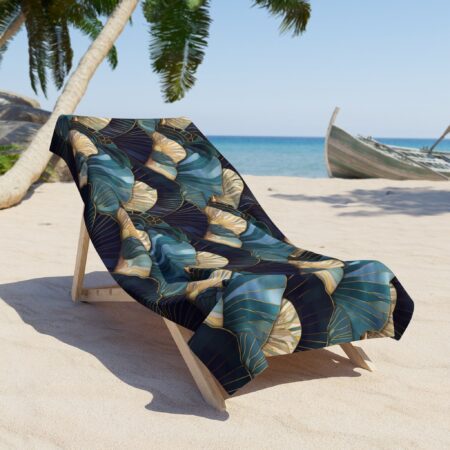 Art Deco Seashells Beach Towel Gift for Her Blue Sea Shells Large Pool Towel Beach Ocean Lovers Gift 2 Sizes Beach Towels Blue Gold Accents