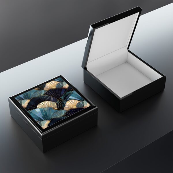 Art Deco Seashells Jewelry Box Gift for Her Blue Sea Shells Keepsake Box Beach Ocean Lovers Gift Curio Keepsake Tarot Box Blue Gold Accents - Image 3