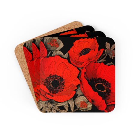 Red Poppies Coaster Set Poppy August Birth Month Flower Corkwood Coasters Hostess Gift Home Decor Kitchen Dining Accessories Four Coasters