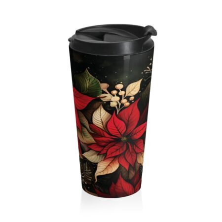 Whimsical Poinsettia Flower Travel Mug Gift December Birth Month Flower 15oz Travel Tumbler Art Deco Dark Floral Tumbler Holiday Christmas