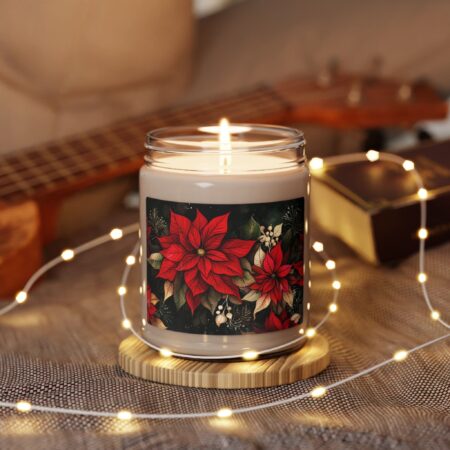 Whimsical Poinsettia Flower Candle Gift December Birth Month Flower 9oz Scented Soy Candle Art Deco Dark Floral Tumbler Holiday Christmas