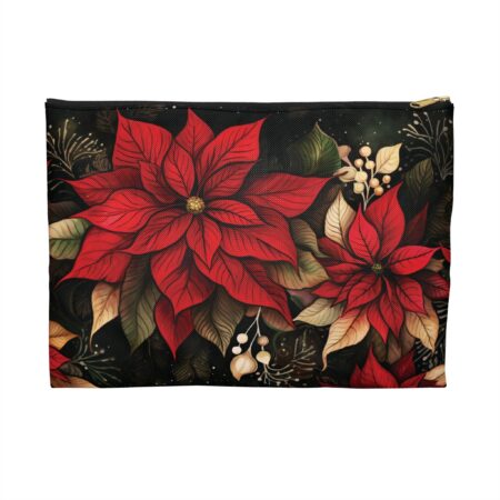 Whimsical Poinsettia Cosmetic Pouch Gift December Birth Month Flower Travel Accessory Bag Art Deco Dark Floral Holiday Christmas Clutch Gift