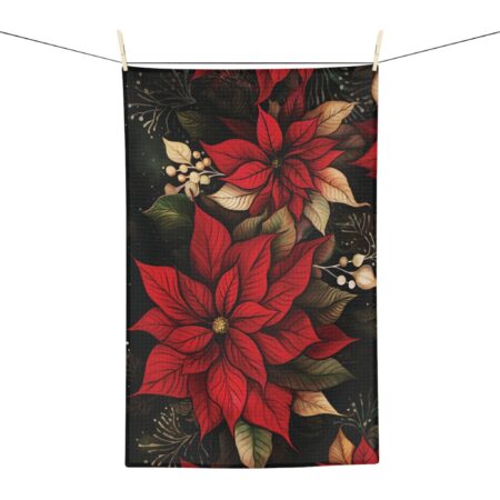 Whimsical Poinsettia Tea Towel Gift December Birth Month Flower Tea Towel Kitchen Decor Dark Floral Dining Linens Holiday Christmas Gift