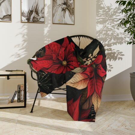 Whimsical Poinsettia Throw Blanket Gift December Birth Month Flower Velveteen Minky Blanket Dark Floral Home Decor Holiday Christmas Gift