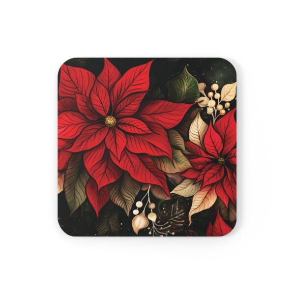 Whimsical Poinsettia Coaster Set of 4 Gift December Birth Month Flower Corkwood Coaster Set Dark Floral Table Decor Holiday Christmas Gift - Image 2