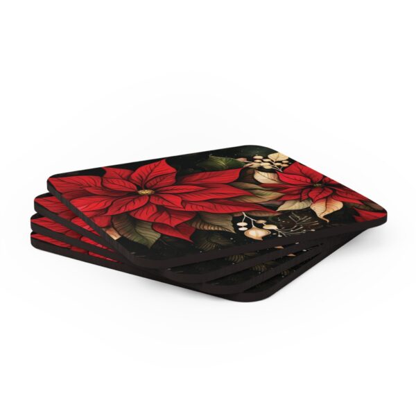 Whimsical Poinsettia Coaster Set of 4 Gift December Birth Month Flower Corkwood Coaster Set Dark Floral Table Decor Holiday Christmas Gift - Image 4