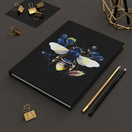 Honey Bee Art Deco Journal Design Indigo and Gold Honeybee Gift Hard Cover Journal Honeybee with Blue Flowers and Wings Black Notebook