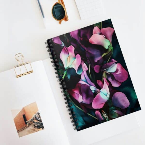 Sweet Pea April Flower Soft Cover Notebook Gift for Her Dark Floral Spiral Notebook Birth Month Flower for April Birthday Gift Journal Diary