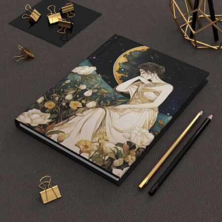 Art Deco Dream Journal Dark Academia Aesthetic Romantic June Roses Moon Hard Cover Journal Woman's Hardcover Lined Notebook Gift for Her 6x8