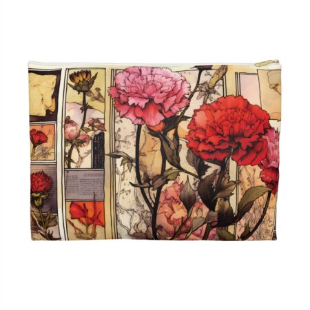 Carnation Birth Flower Cosmetic Pouch Gift for Her Vintage Sketch Whimsical Floral Accessory Travel Pouch January Birth Month Birthday Gift