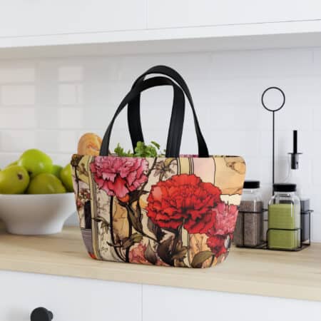 Carnation Birth Flower Lunch Bag Gift for Her Vintage Sketch Whimsical Floral Travel Lunch Tote Bag January Birth Month Birthday Gift Tote