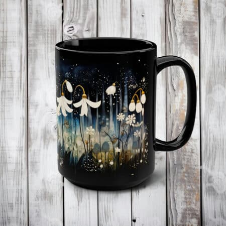 Whimsical Snowdrop Flower Mug Gift for Her January Birth Flower 15oz Black Ceramic Coffee Mug Gift Vintage Art Dark Floral Snowdrops Mug