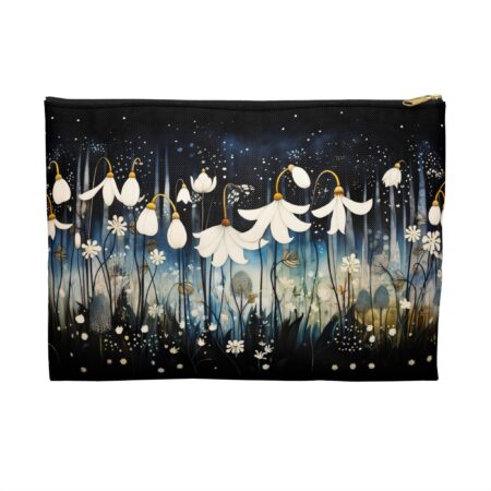 Whimsical Snowdrop Flower Cosmetic Pouch Gift for Her January Birth Flower Travel Accessory Bag Gift Vintage Art Style Dark Floral Snowdrops