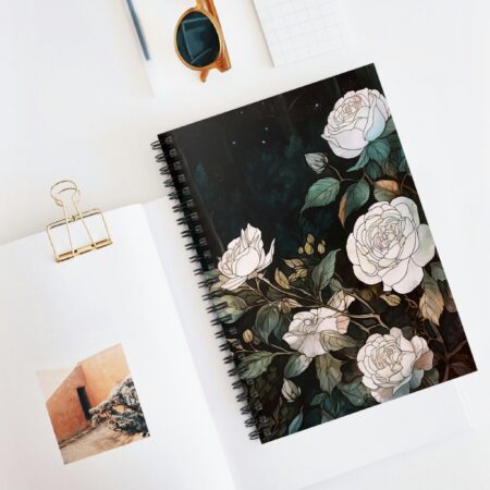 Wild Roses Botanical Art Soft Cover Journal Gift for Her June Birth Month Flower White Rose Watercolor Dark Floral Art Spiral Notebook 6"x8"