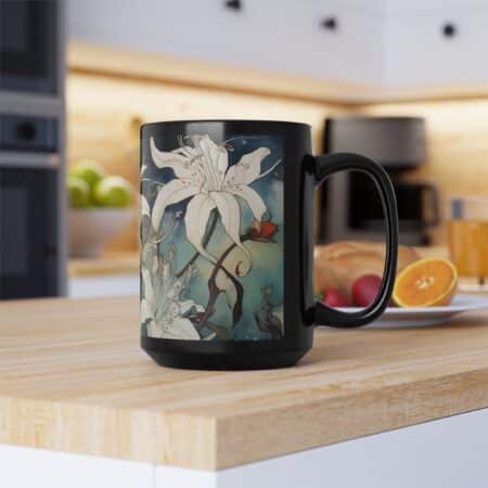 White Honeysuckle Mug Gift for June Birthdays Birth Month Flower 15oz Black Ceramic Mug Gift Whimsical Watercolor Floral Coffee Mug Gift