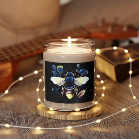 Honey Bee Art Deco Soy Candle Indigo and Gold Honebee Gift Candle Journal Honeybee with Blue Flowers and Wings Scented Candle Gift