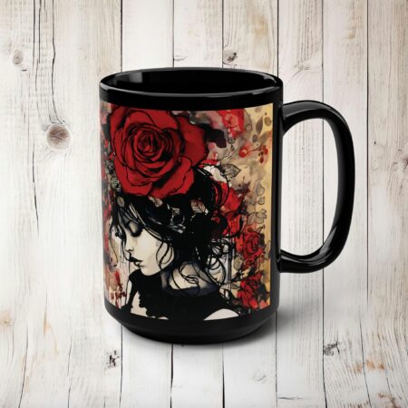 Dark Romance Mug Valentine's Day Gift for Her Antique Grunge Vintage Girl Valentine Collage 15oz Black Ceramic Mug Gothic Art Aesthetic