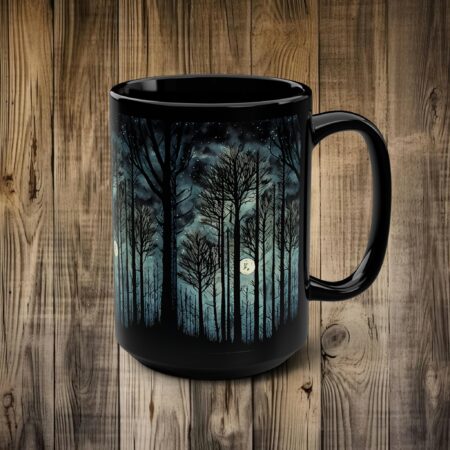 Night Forest Mug Gift Dark Whimsical Mountain Forest Trees 15oz Black Ceramic Mug Gift for Coffee Lovers Mug Gift for Teachers Mom Dad Mug