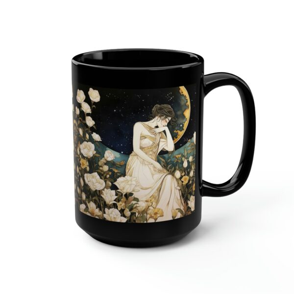 Art Deco Black Ceramic Mug Gift Dark Academia Aesthetic 15oz Coffee Mug Romantic June Roses Dreaming Woman and Moon Night Sky Tea Mug Gift - Image 5