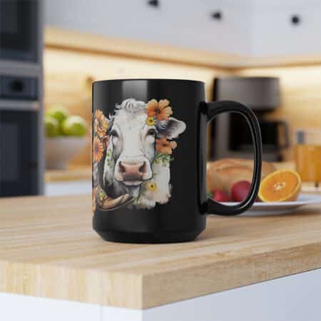 Country Western Cow Mug Gift for Her Cowgirl Boots and Hat Black Ceramic Mug Cows and Flowers Girly Cute Country Farm Ranch Mug Gift 15 oz