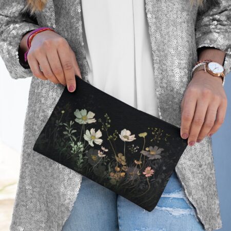 Cosmos Flowers Cosmetic Pouch Gift for Her October Birth Month Flower Makeup Bag Gift Dark Floral Accessory Travel Pouch Clutch Purse Gift
