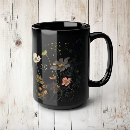 Cosmos Flowers Mug Gift for Her October Birth Month Flower 15oz Black Ceramic Mug Coffee Lovers Gift Whimsical Dark Floral Tea Lovers Mug