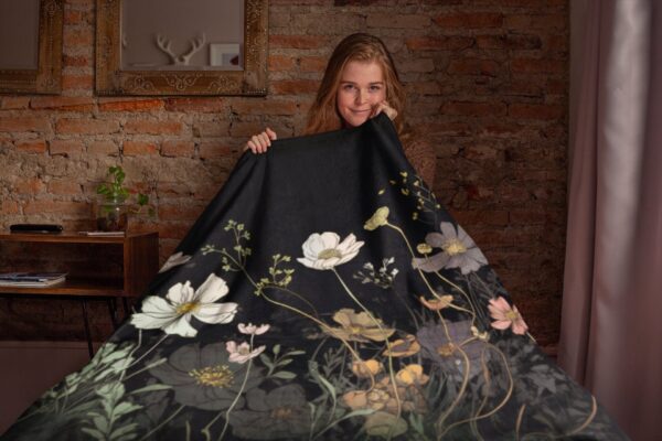 Cosmos Flower Velveteen Minky Blanket Gift for Her October Birth Month Flower Super Soft Whimsical Dark Floral Throw Blanket Room Decor Gift