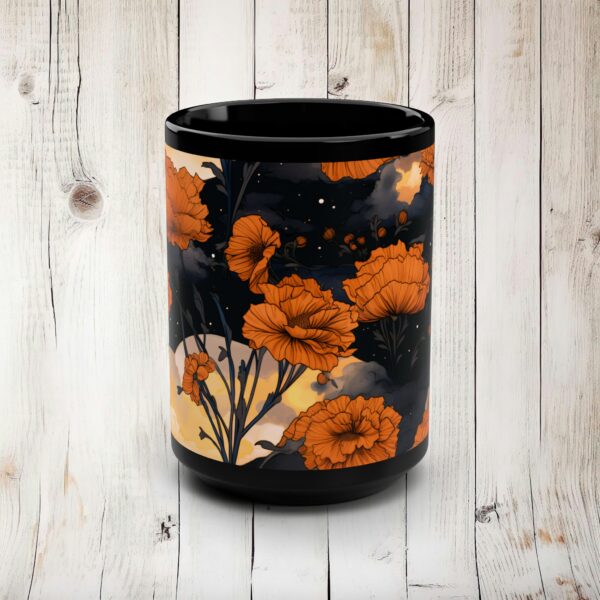 Marigold 15oz Black Ceramic Mug Gift for Her October Birth Month Flower Halloween Colors Magical Moons Marigolds Dark Floral Fall Gift Mug - Image 2