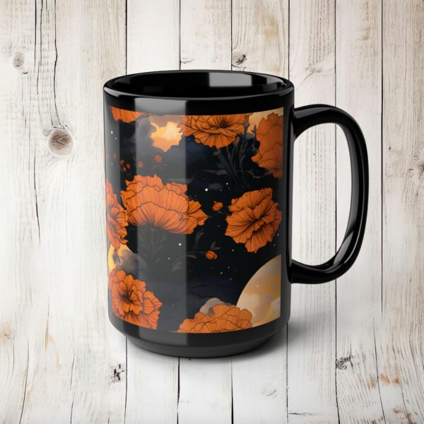 Marigold 15oz Black Ceramic Mug Gift for Her October Birth Month Flower Halloween Colors Magical Moons Marigolds Dark Floral Fall Gift Mug - Image 6