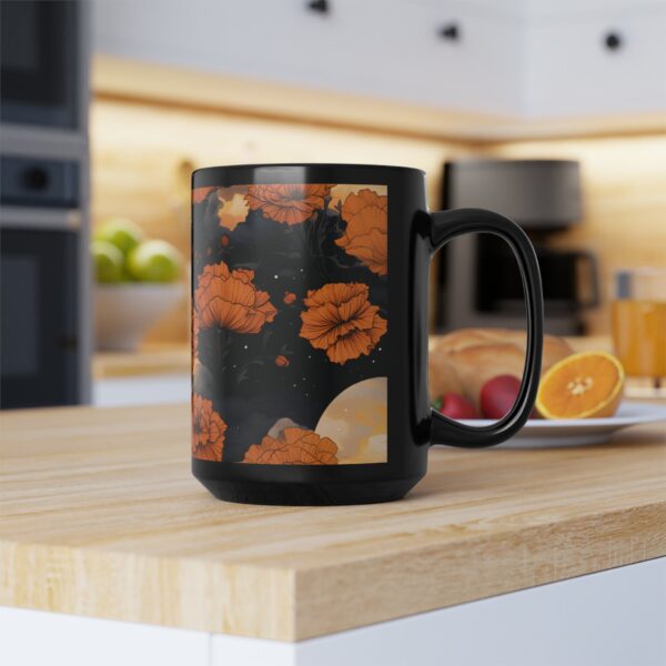 Marigold 15oz Black Ceramic Mug Gift for Her October Birth Month Flower Halloween Colors Magical Moons Marigolds Dark Floral Fall Gift Mug - Image 7