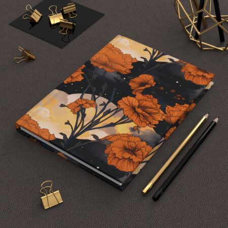 Marigold Hard Cover Journal Gift for Her October Birth Month Flower Dream Diary Gift Magical Moon Marigold Fall Floral Starry Night Sky 6x8"