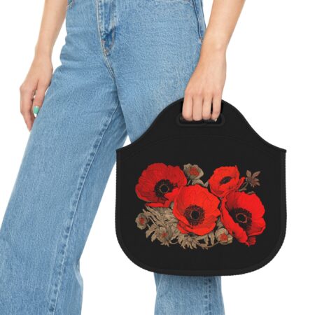 Red Poppy Flowers Neoprene Lunch Bag August Birth Month Flower Gift Tote for Her Bright Floral Lunch Tote Bag Birthday Student Teacher Gift