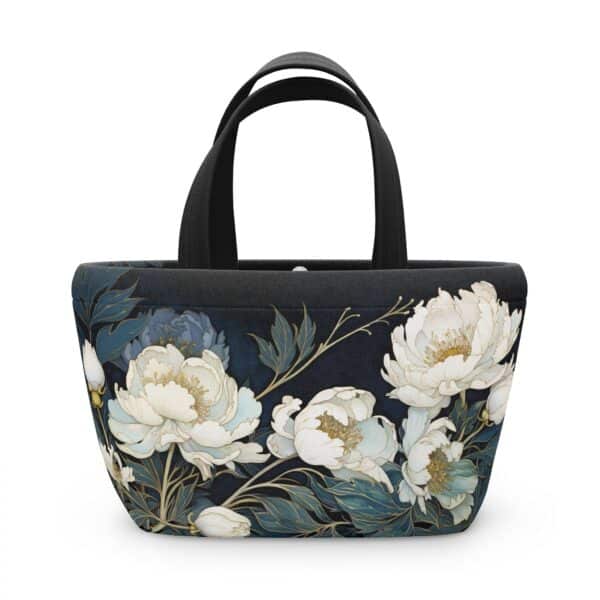 White Peonies Lunch Bag Gift for Her Art Deco Peony Soft Touch Neoprene Lunch Tote November Birth Flower Lunch Box Dark Floral Women's Tote - Image 2