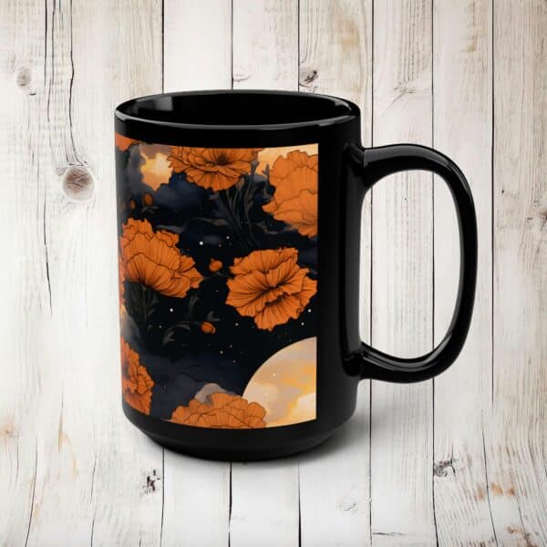 Marigold 15oz Black Ceramic Mug Gift for Her October Birth Month Flower Halloween Colors Magical Moons Marigolds Dark Floral Fall Gift Mug - Image 3