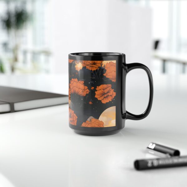 Marigold 15oz Black Ceramic Mug Gift for Her October Birth Month Flower Halloween Colors Magical Moons Marigolds Dark Floral Fall Gift Mug - Image 9