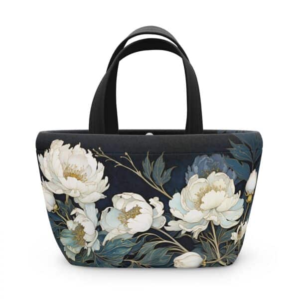 White Peonies Lunch Bag Gift for Her Art Deco Peony Soft Touch Neoprene Lunch Tote November Birth Flower Lunch Box Dark Floral Women's Tote - Image 3