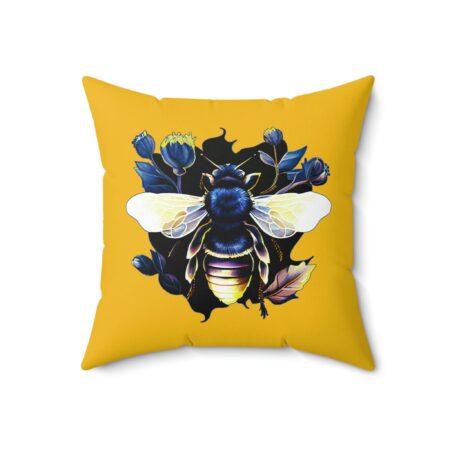 Honey Bee Art Deco Home Decor Pillow Indigo and Gold Honeybee Gift Pillow Bright Honeybee with Blue Flowers and Wings Decorative Pillow