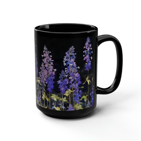 Whimsical Larkspur Mug Gift 15oz Black Ceramic Mug Botanical July Birth Month Flower July Birthday Gift for Her Flower Garden Lovers 6"x8"