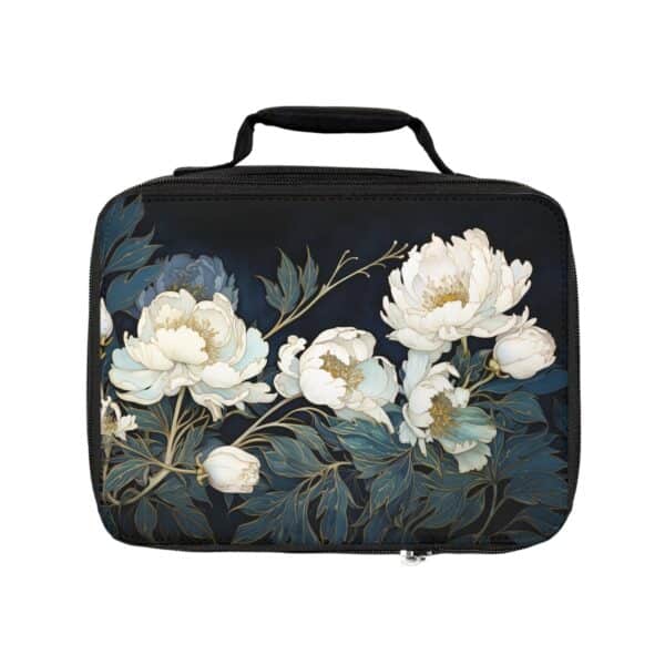 White Peonies Lunch Bag Gift for Her Art Deco Peony Travel Lunch Tote November Birth Flower Lunch Box Dark Floral Teacher Womens Tote Gift - Image 2