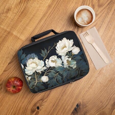 White Peonies Lunch Bag Gift for Her Art Deco Peony Travel Lunch Tote November Birth Flower Lunch Box Dark Floral Teacher Womens Tote Gift