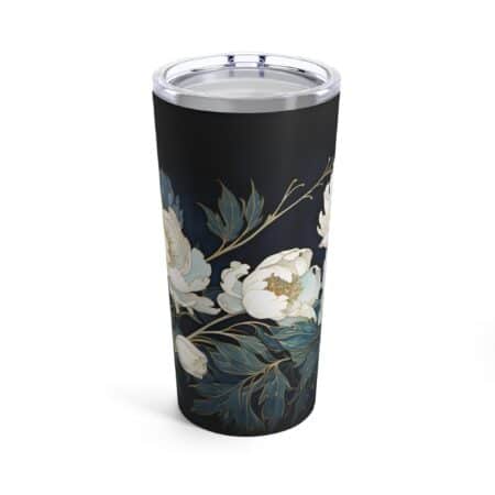 White Peonies Tumbler Gift for Her Art Deco Peony 20oz Insulated Travel Tumbler November Birth Flower Stainless Steel Dark Floral Gift Mug