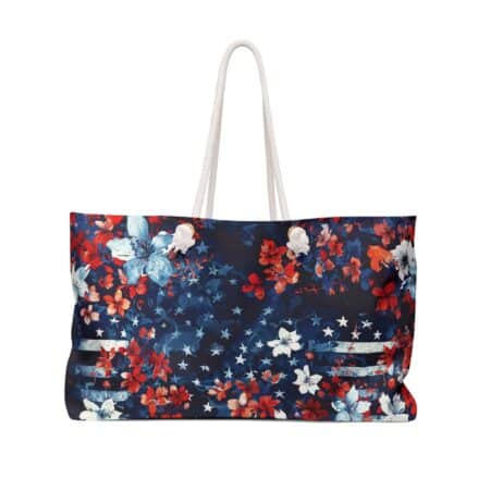 Patriotic Flower Weekender Bag Gift for Her 4th of July Summer Flag Extra Large Travel Tote Watercolor Floral Red White Blue Oversized Tote