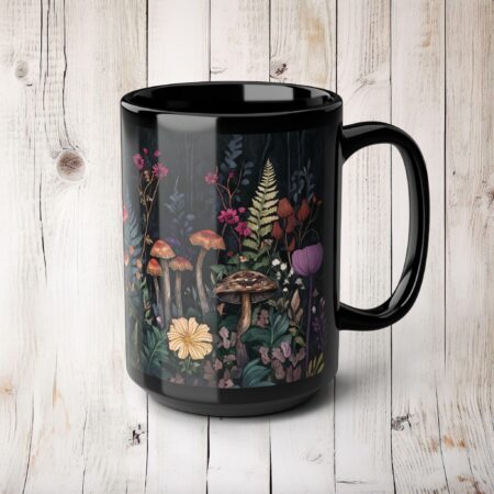 Fantasy Mushroom Garden Mug Gift for Her Enchanted Forest 15oz Black Ceramic Mug Dark Floral Coffee Tea Mug Woodlands Aesthetic Mushrooms