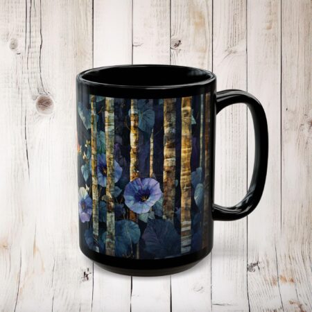 Morning Glory Flowers Mug Gift for Her September Birth Flower 15oz Black Ceramic Mug Woodlands Dark Floral Large Black Coffee Tea Mug Gift