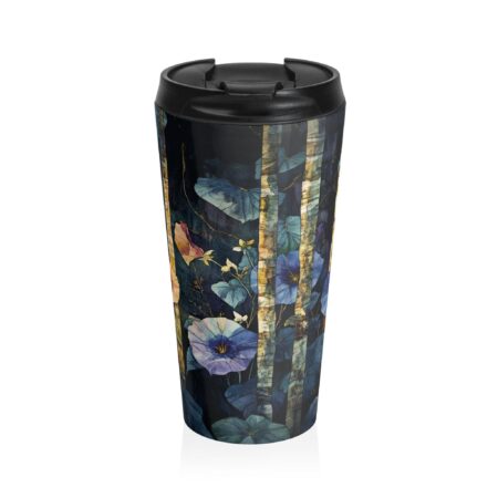 Morning Glory Floral Travel Mug Gift for Her September Birth Month Flower 15oz Stainless Steel Mug Woodlands Dark Floral Travel Tumbler Gift