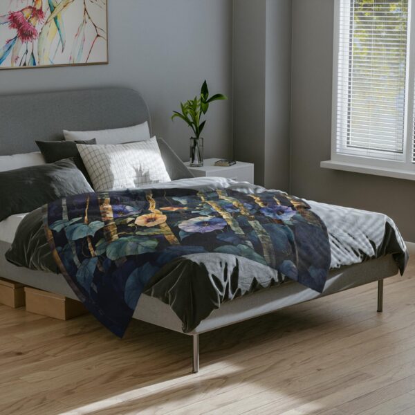 Morning Glory Flowers Velveteen Throw Blanket Gift for Her September Birth Month Flower Super Soft Microfiber Blanket Dark Floral Decor Gift - Image 3