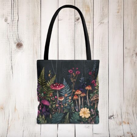 Fantasy Mushroom Garden Tote Bag Gift for Her Enchanted Forest Women's Travel Tote Bag Shopping Book Bag Dark Floral Woodlands Flowers Tote